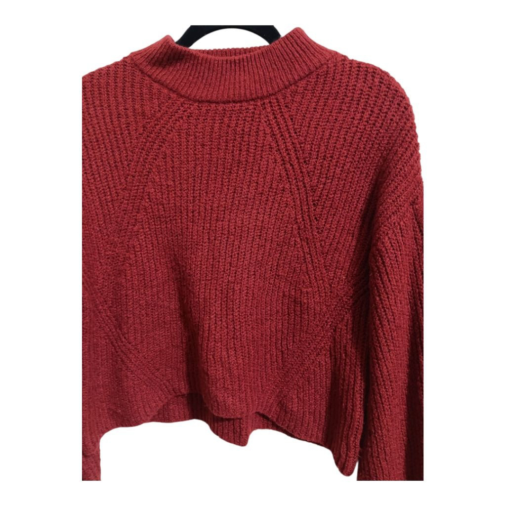 BP Balloon Cable Knit Sleeve Raglan Mock Neck Oversized Sweater in Maroon - Picture 9 of 12